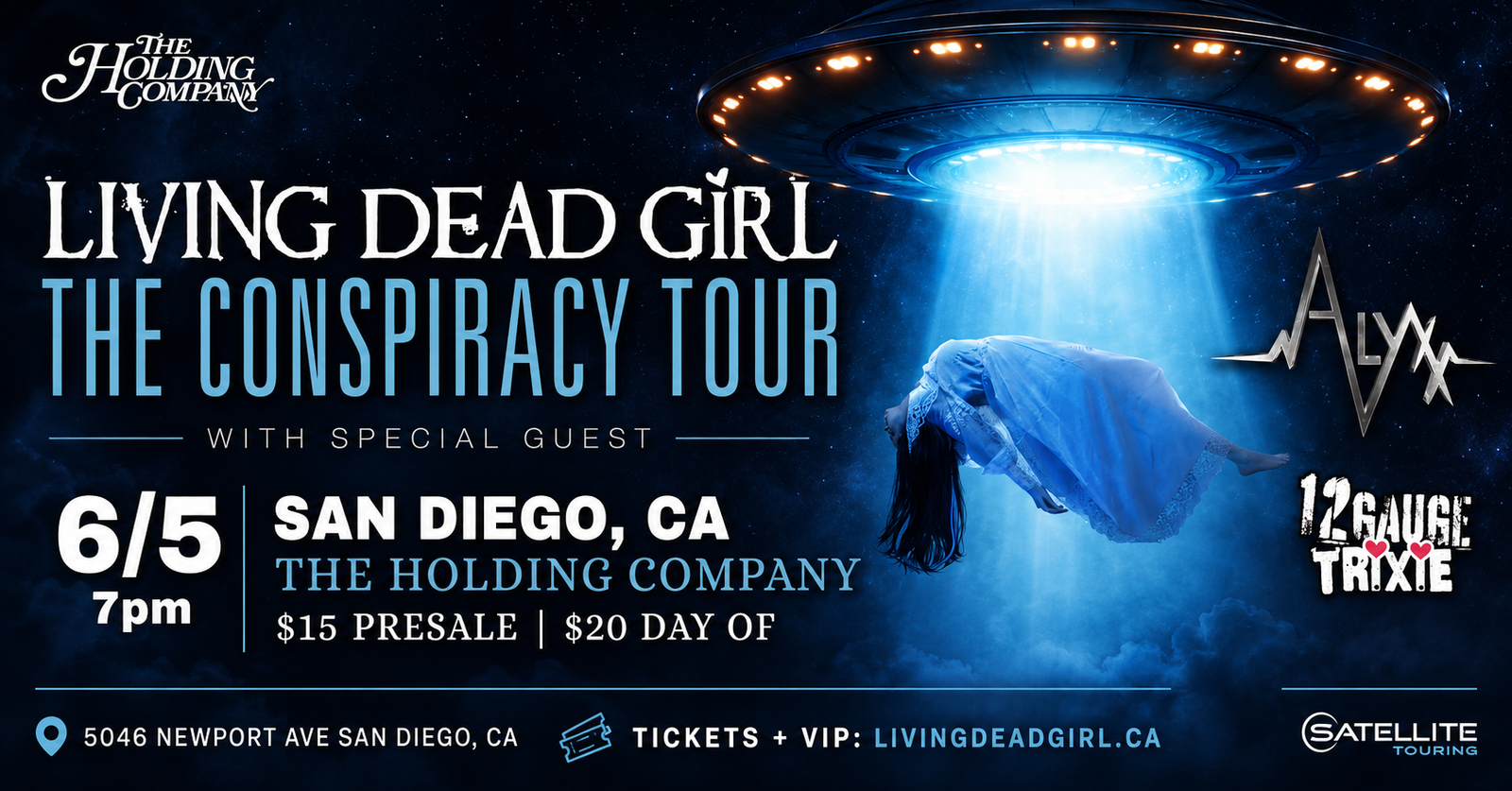 Living Dead Girl The Conspiracy Tour poster for San Diego show at The Holding Company featuring Steve Haining of Scorpion Percussion
