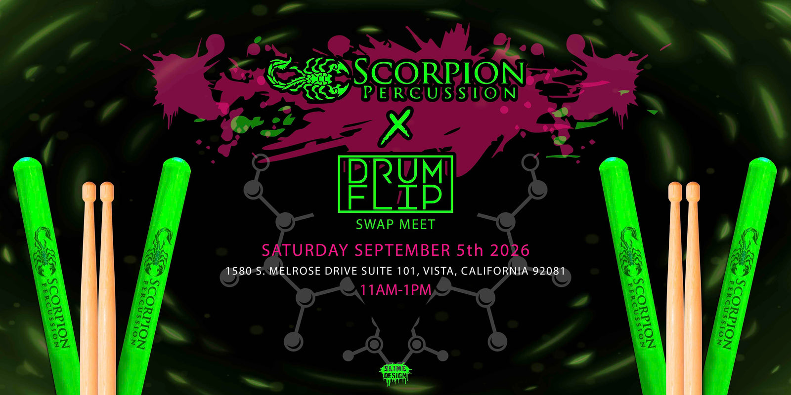 Scorpion Percussion drumsticks and used drum gear headed to the Drum Flip Swap Meet in Vista California