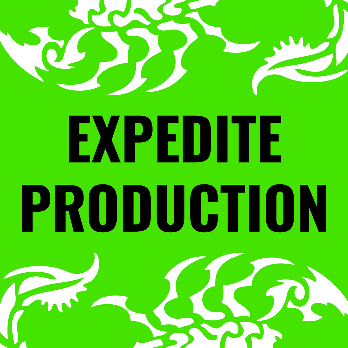 Bright green background with abstract scorpions and the wording 'Expedite Production'