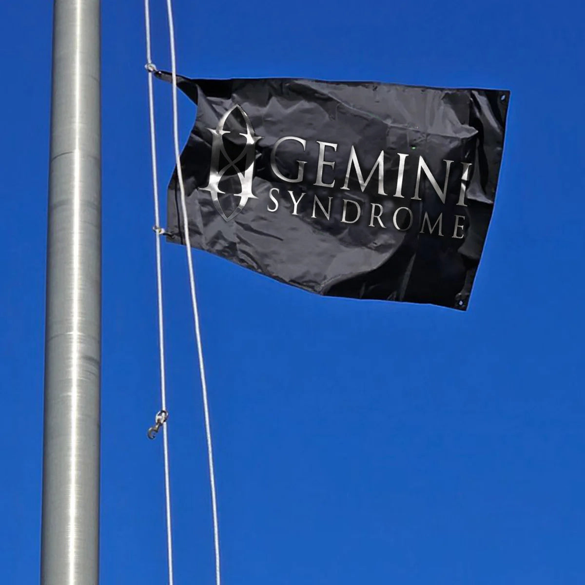Black flag with 'Gemini Syndrome' logo on a flagpole against a clear blue sky