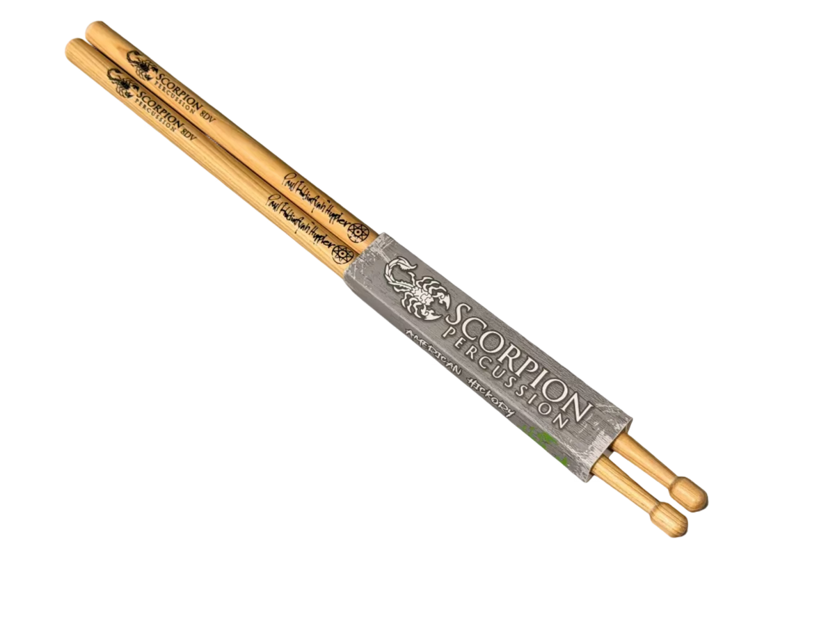 A pair of American Hickory Drumsticks called Immortal Series by Scorpion Percussion including Paul Huppler's Signature Series.