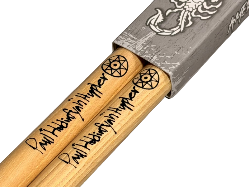 Immortal Series American Hickory Drumsticks with Artist Signature and gray stick sleeve