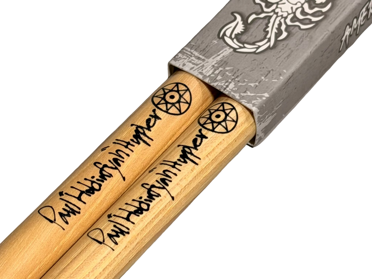Immortal Series American Hickory Drumsticks with Artist Signature and gray stick sleeve