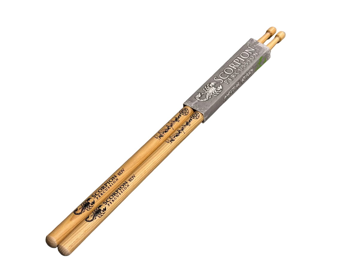A pair of Paul Huppler Satori Sound System Signature Series drumsticks by Scorpion Percussion. American Hickory