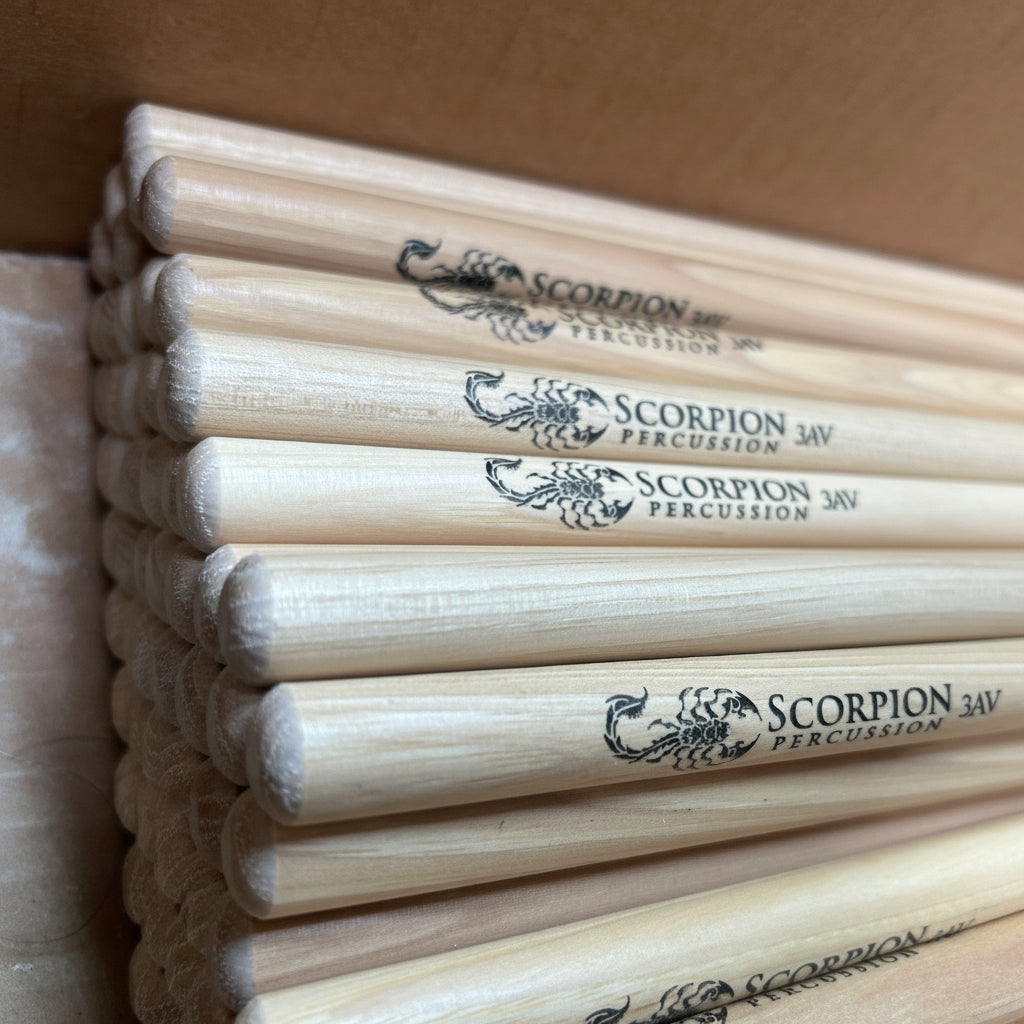 Scorpion Percussion drumsticks in a box