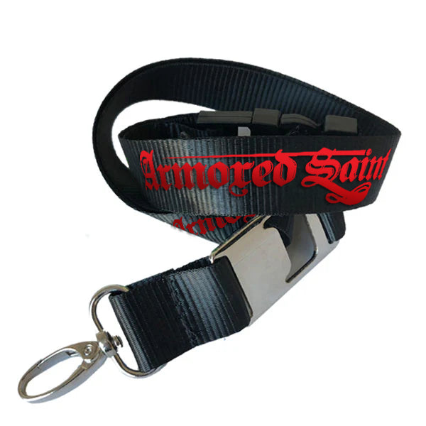 A black nylon lanyard strap with a silver metal buckle and key ring, featuring the words 'Armored Saint' printed in a red.