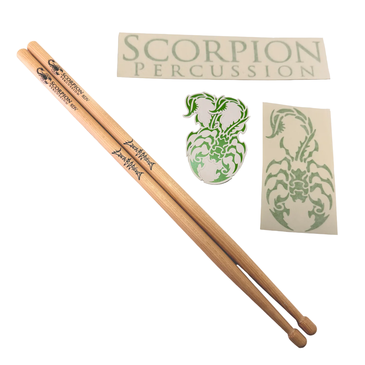 Drumsticks with Scorpion Percussion branding, a logo, and a decorative card on a white background.
