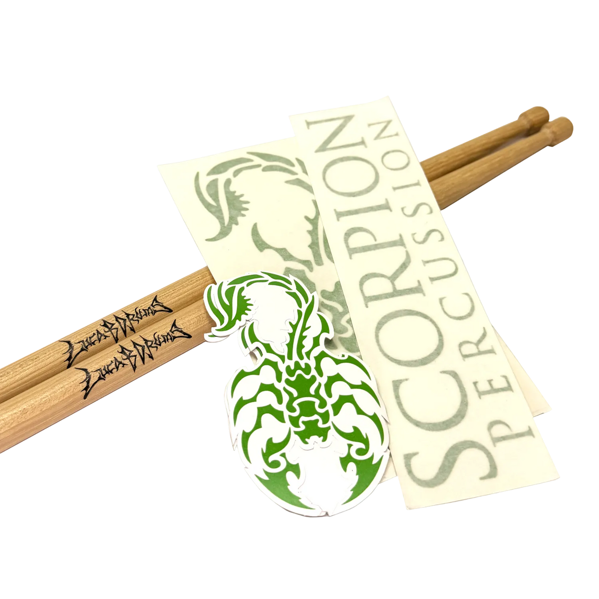 Two wooden drumsticks with a Scorpion Percussion logo and stickers 